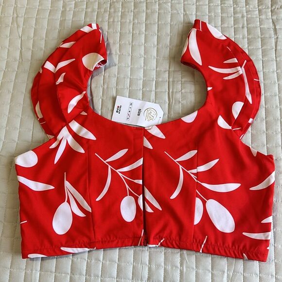 NEW - RED/WHITE LEAF PRINT CROP TOP RUFFLED SLEEVE SZ LARGE - Picture 8 of 11